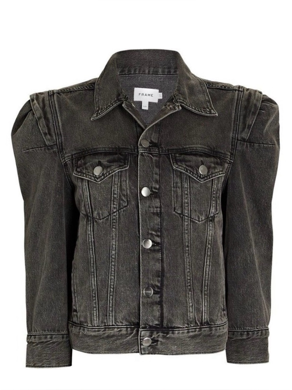 FRAME Rosette Denim Puff Sleeve Jacket in Ozone Black Loose Fit Size X-Small